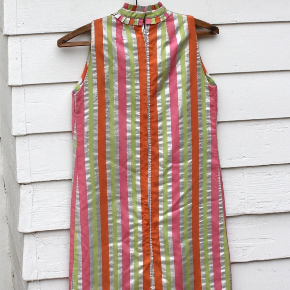 Circus Stripes Silver Mini-Dress Vintage 1960s Sleeveless Shift Ruffle Collar xs - Picture 2 of 4